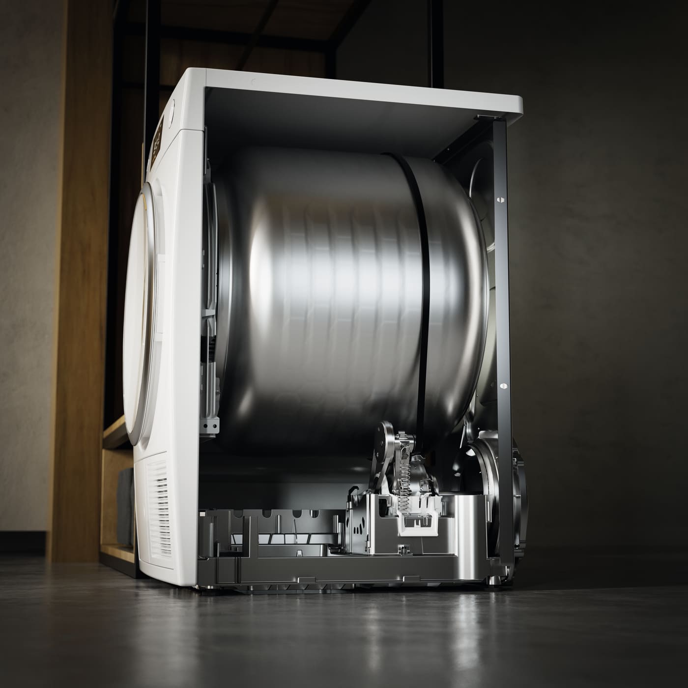 Front-loading washing machine with the drum exposed and door open in a laundry room setting.