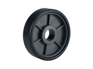Black plastic wheel with a central bore and spokes, likely a roller wheel for machinery or carts.