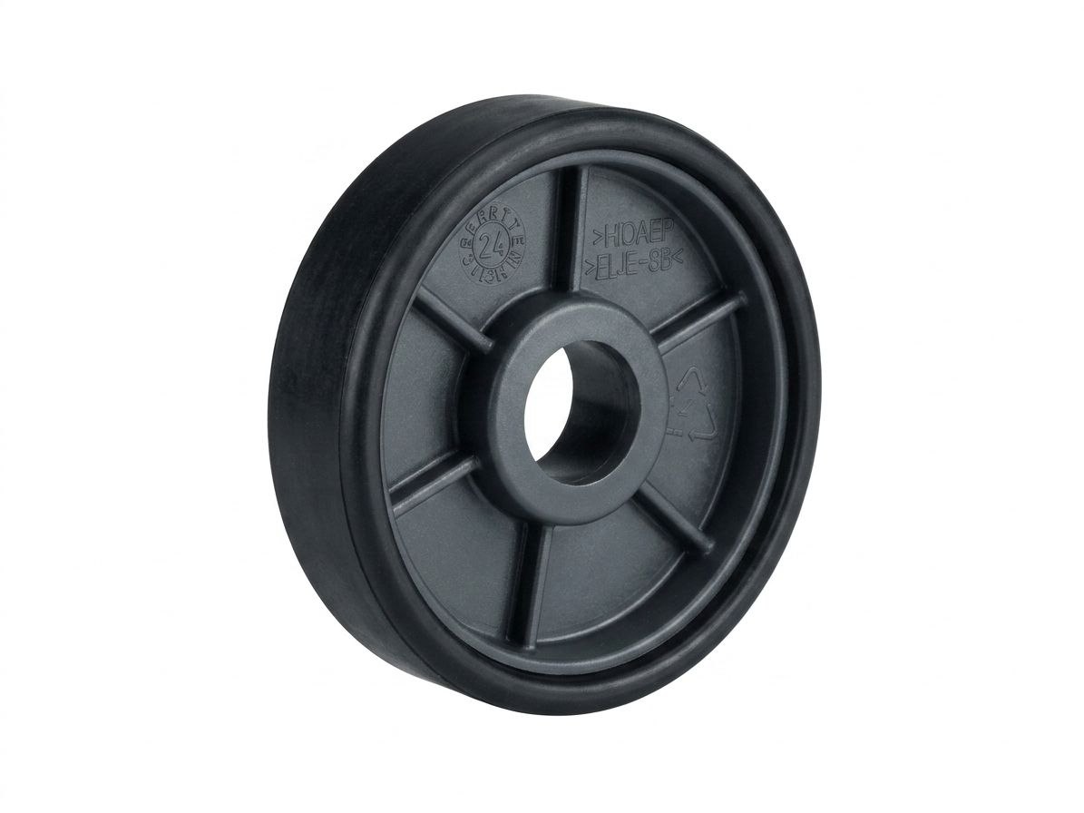 Black plastic wheel with a central bore and spokes, likely a roller wheel for machinery or carts.
