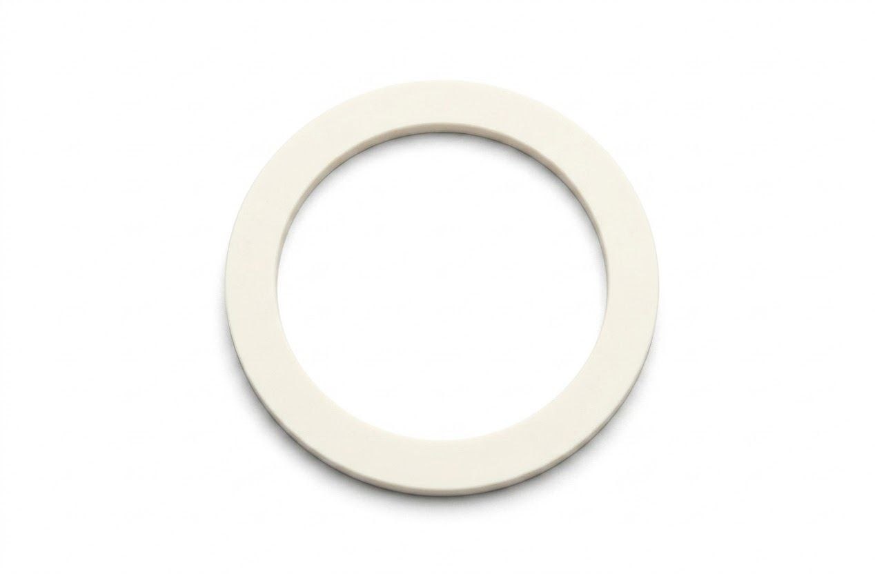 White circular ring (flat washer) photographed from above on a white background