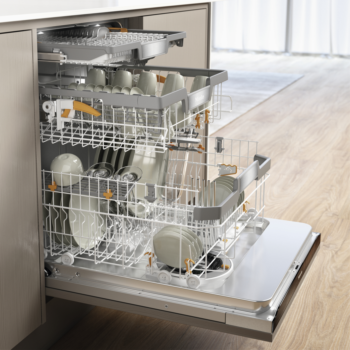 Open dishwasher loaded with plates, bowls, and glasses in gray racks and orange clips.