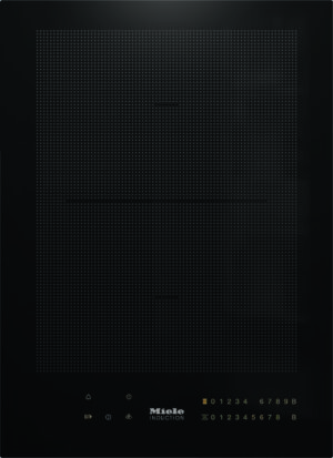 Black induction cooktop with a dotted heating-zone grid and touch controls along the bottom, branded Miele Induction.