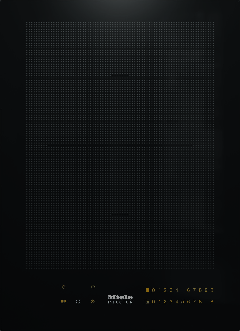 Black induction cooktop with a dotted heating-zone grid and touch controls along the bottom, branded Miele Induction.