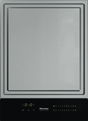 Front view of a stainless steel dishwasher door with a black control panel at the bottom; a yellow digital timer reads 0:10 and touch icons are visible along the panel.