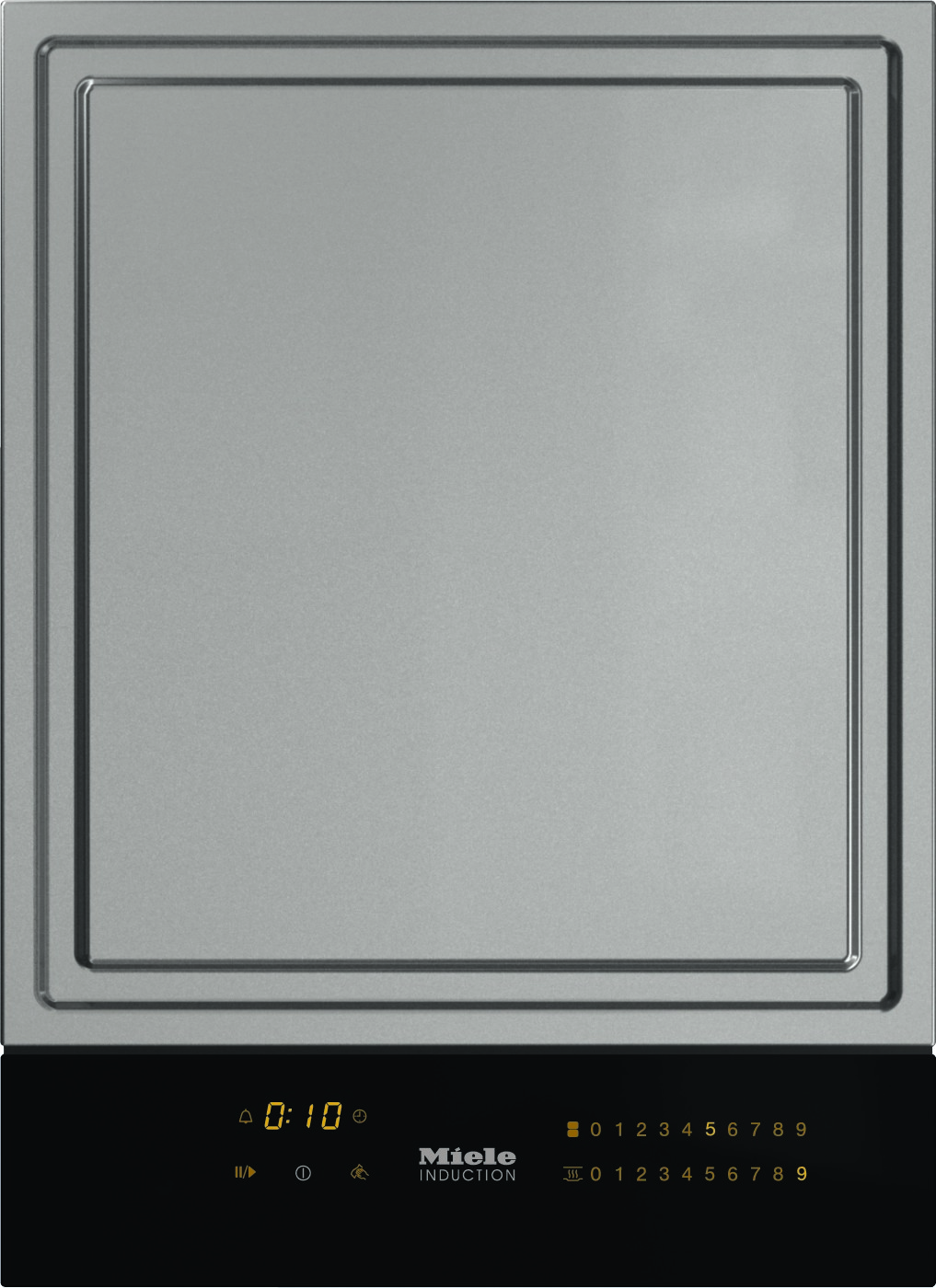 Front view of a stainless steel dishwasher door with a black control panel at the bottom; a yellow digital timer reads 0:10 and touch icons are visible along the panel.