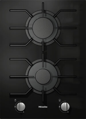 Gas gas hob with two lit burners and metal grate supports, control knobs at the bottom (Miele).