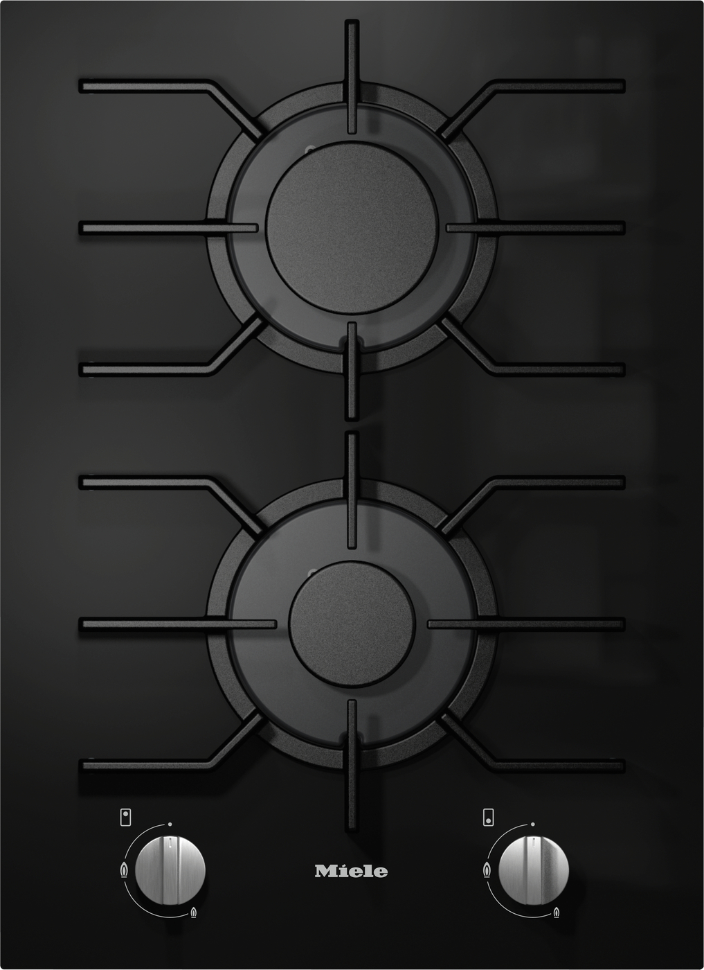 Gas gas hob with two lit burners and metal grate supports, control knobs at the bottom (Miele).