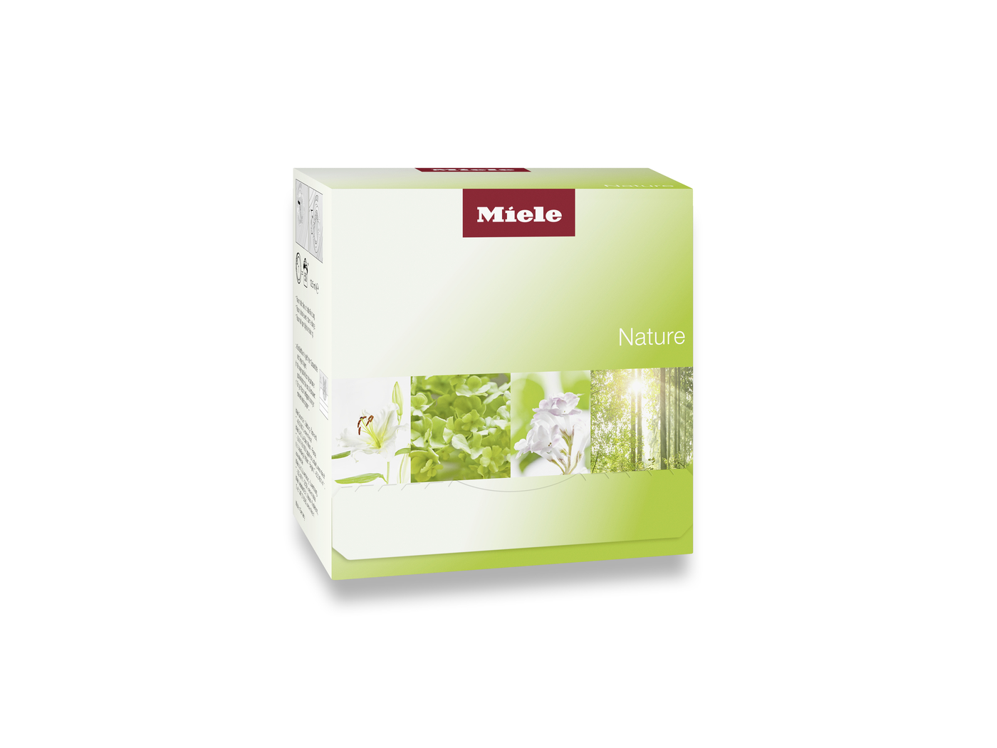 Front of a Miele Nature product box with a light green gradient and floral image strip