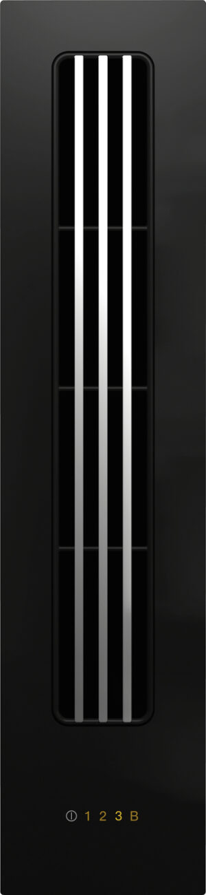 Tall black panel with a vertical recessed window showing four white vertical bars; bottom shows a small indicator and the numbers 1 2 3 B.
