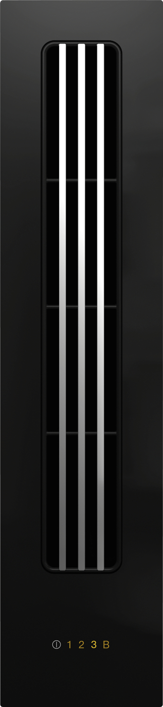 Tall black panel with a vertical recessed window showing four white vertical bars; bottom shows a small indicator and the numbers 1 2 3 B.