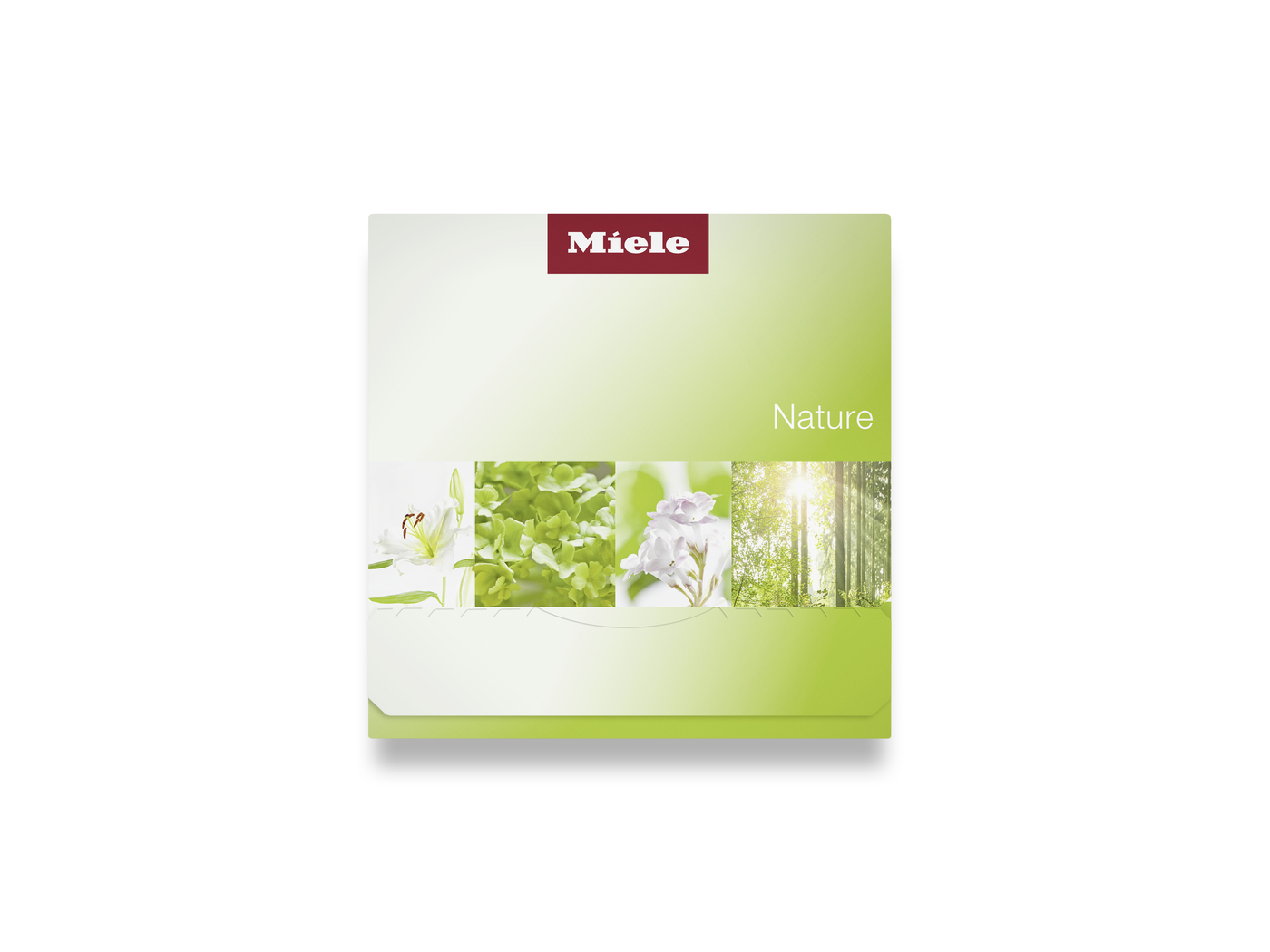 Miele Nature packaging box with a green gradient and floral strip imagery