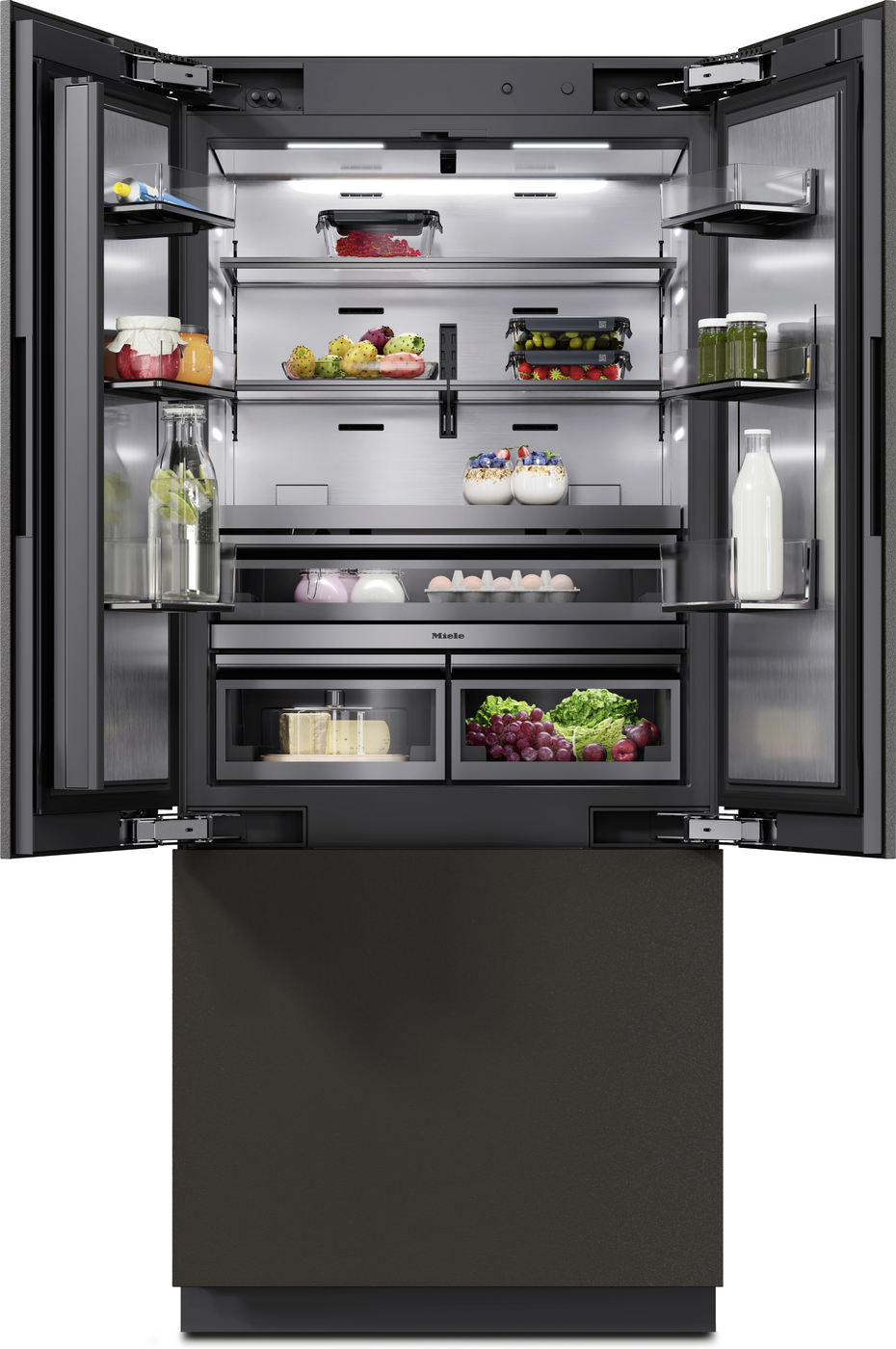 Open modern refrigerator filled with assorted groceries and beverages on multiple shelves and drawers, showcasing organized storage and lighting.
