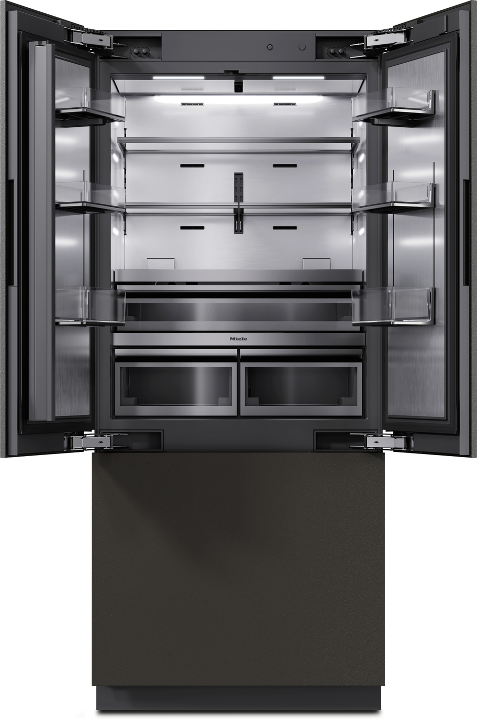 Tall built-in refrigerator with two side doors open, stainless interior, multiple adjustable shelves, and two bottom drawers.