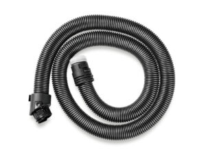 Flexible black corrugated vacuum hose with a hose connector at one end, coiled in a circular shape as a cleaning accessory