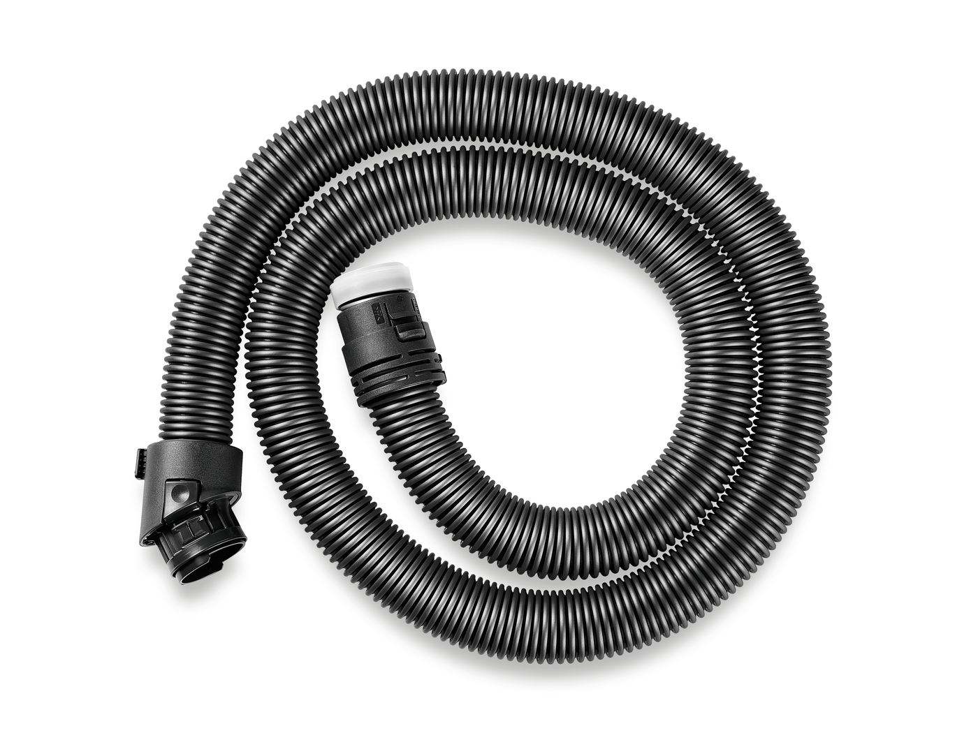 Flexible black corrugated vacuum hose with a hose connector at one end, coiled in a circular shape as a cleaning accessory