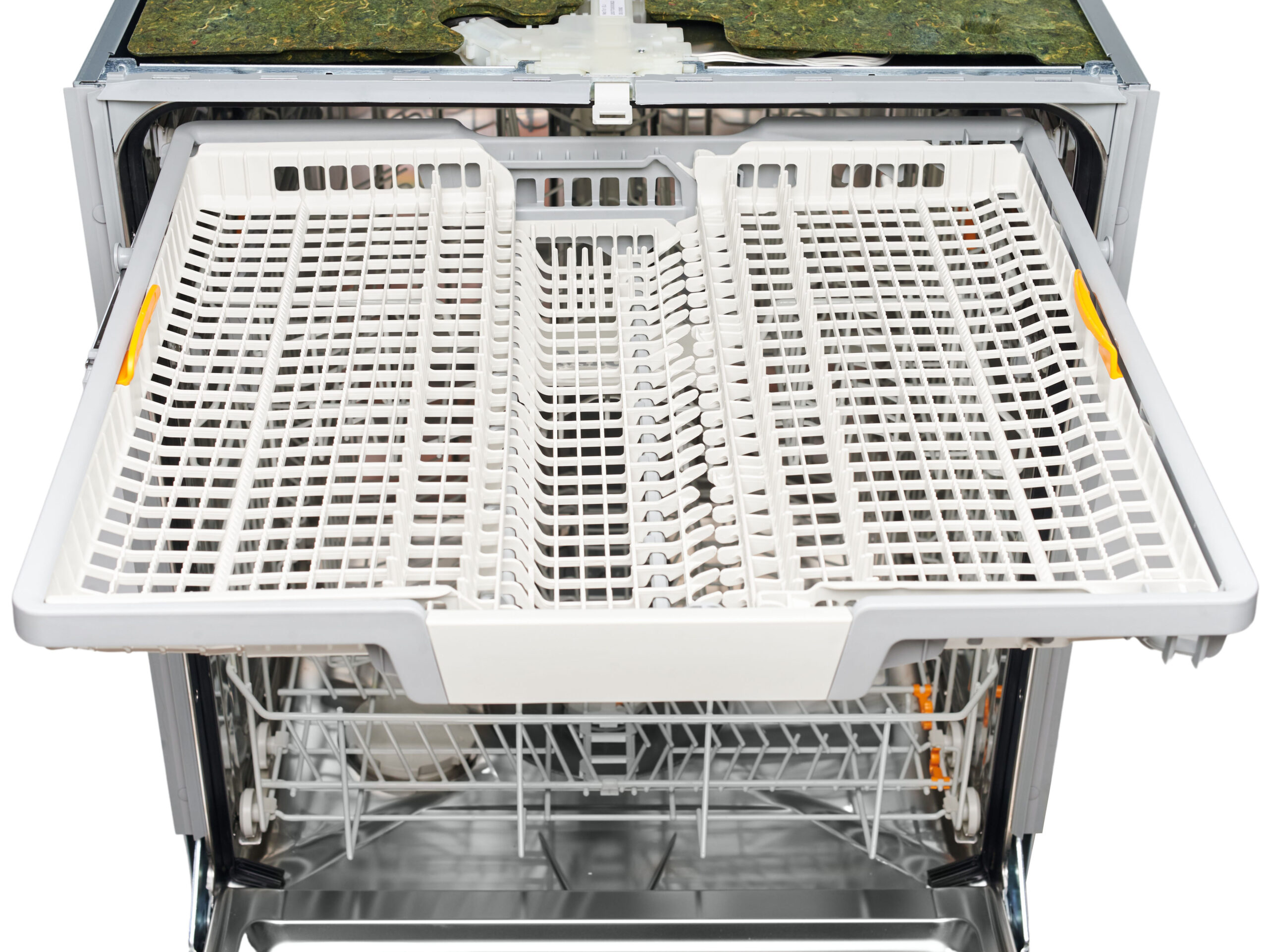 Open dishwasher with two pulled-out racks, empty and ready to load dishes, seen from front.