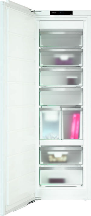 Tall white refrigerator with its door open, showing multiple transparent drawers filled with assorted items.