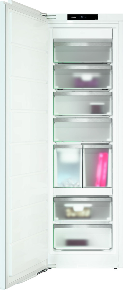 Tall white refrigerator with its door open, showing multiple transparent drawers filled with assorted items.