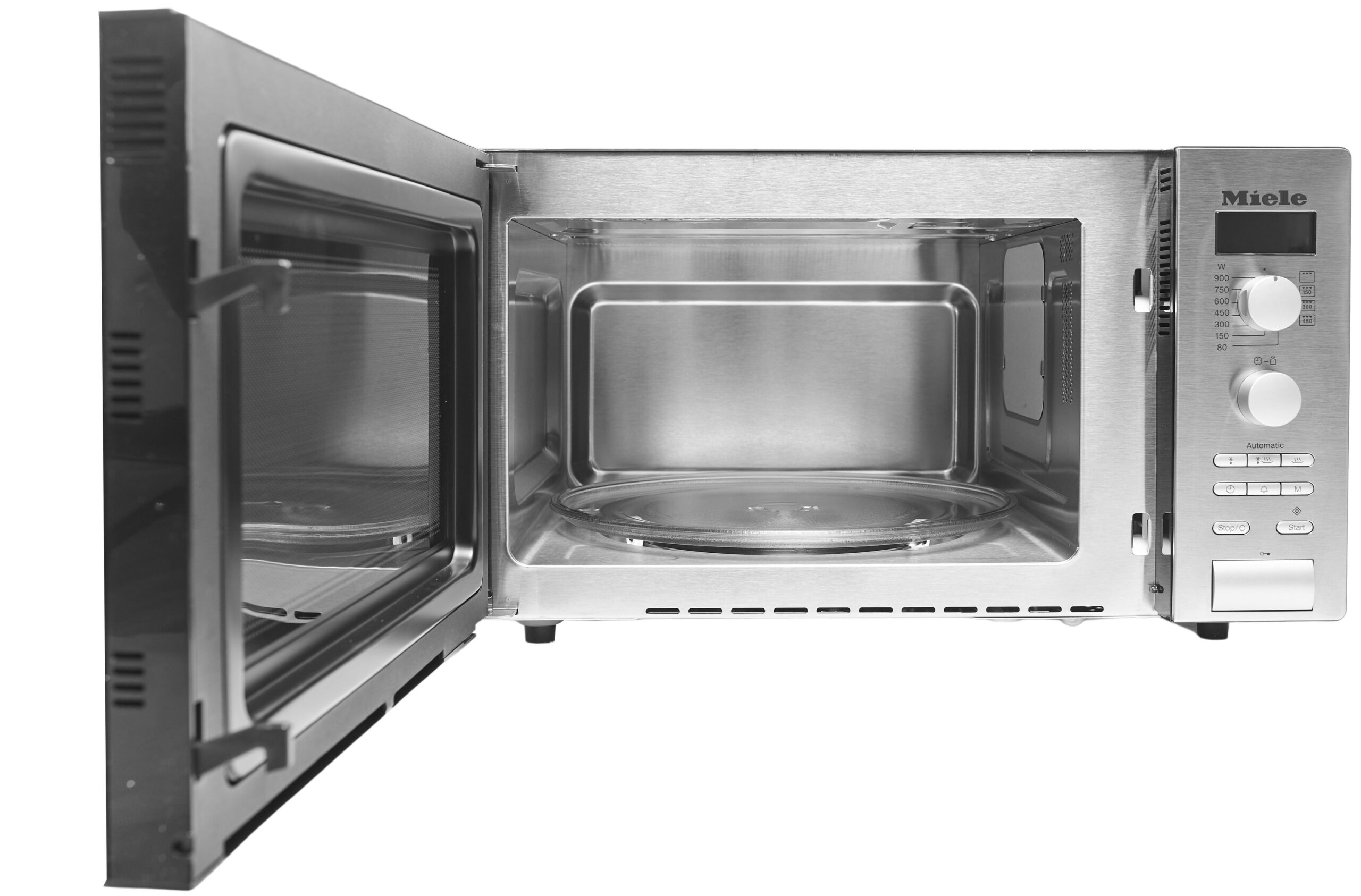 Stainless steel microwave oven with door open, inner cavity visible and control panel on the right labeled Miele