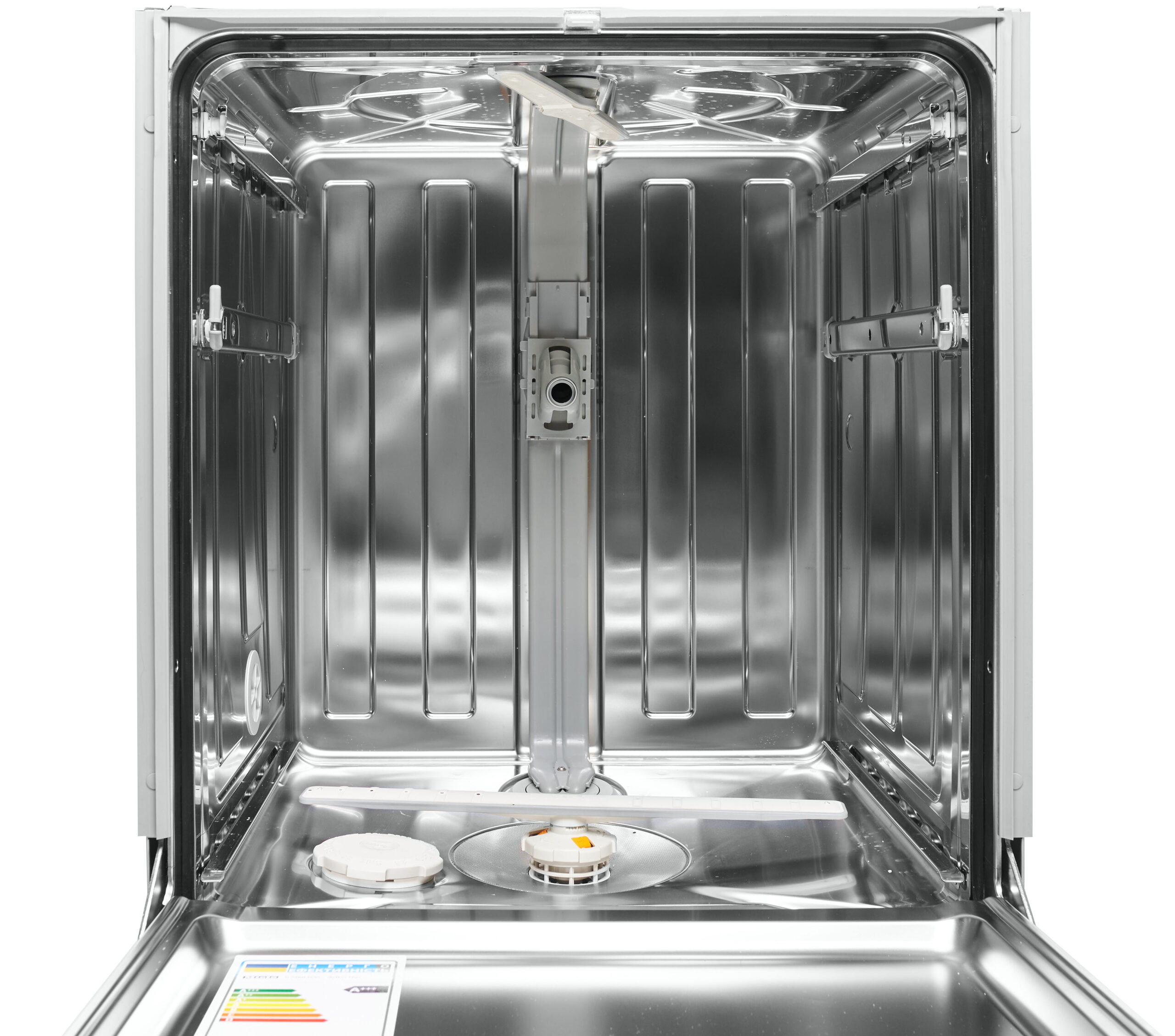Empty stainless steel dishwasher interior with side racks and central spray arm; energy rating label visible on the door edge.