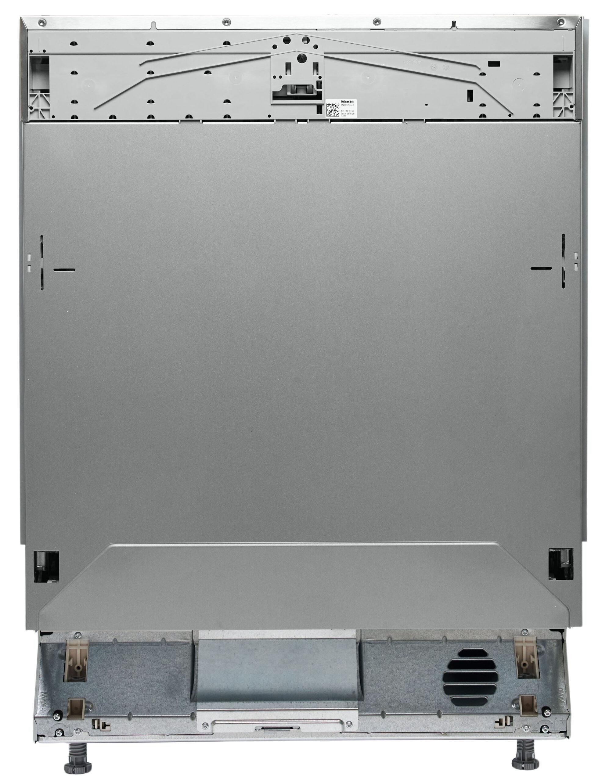 Back view of a stainless steel appliance with exposed internal chassis and leveling feet showing at bottom edge (likely dishwasher).