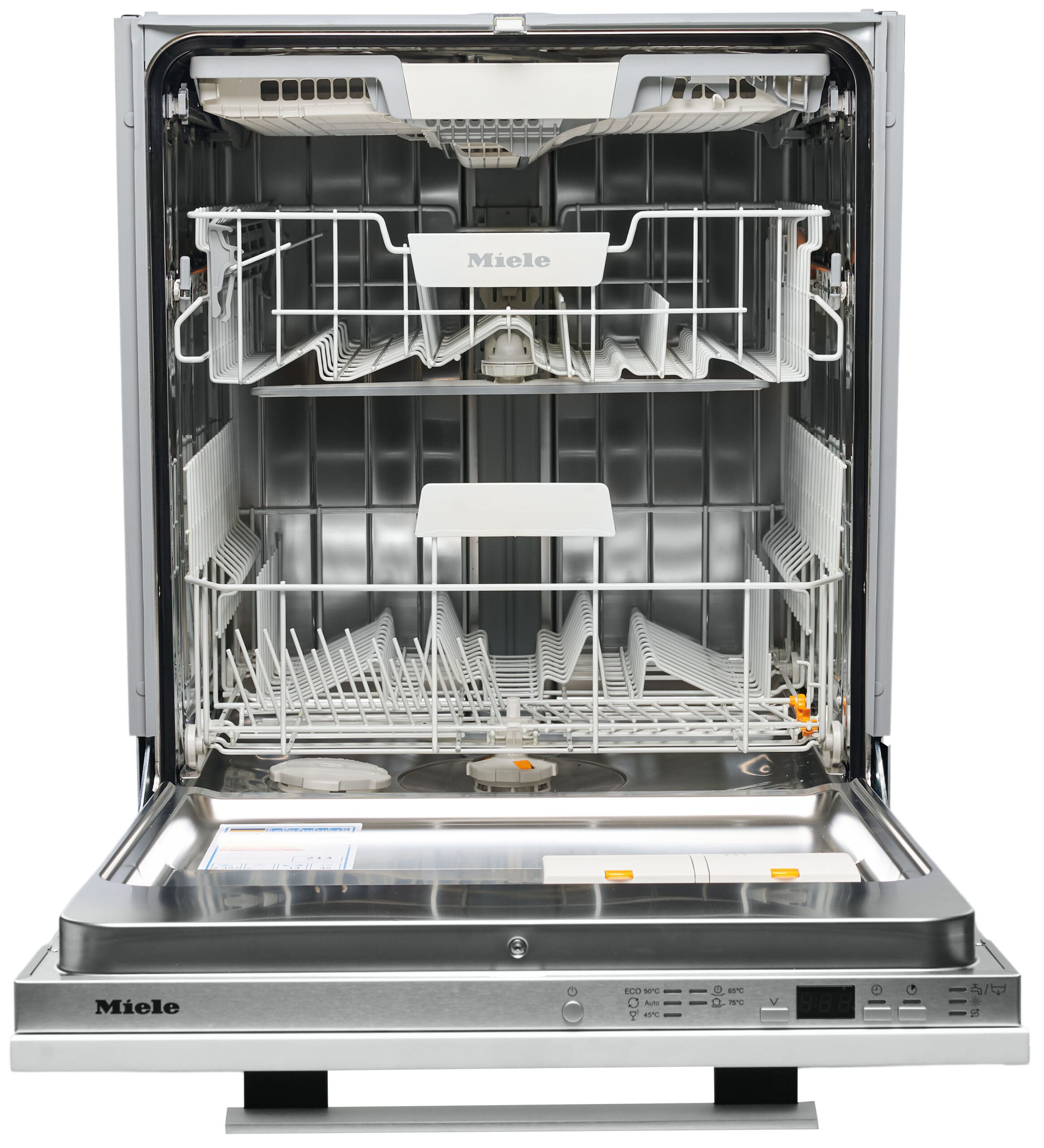 Open Miele dishwasher with racks and detergent dispenser visible at the bottom front control panel showing settings.