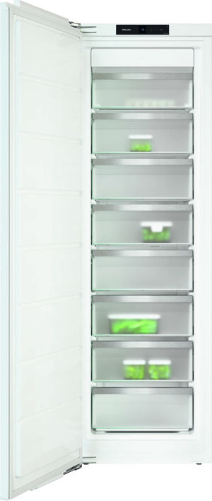 Open tall white freezer with multiple pull-out drawers; some green packaged items are visible inside the drawers.