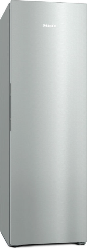 Tall stainless steel Miele refrigerator/freezer with a single door and brushed finish, shown in perspective.