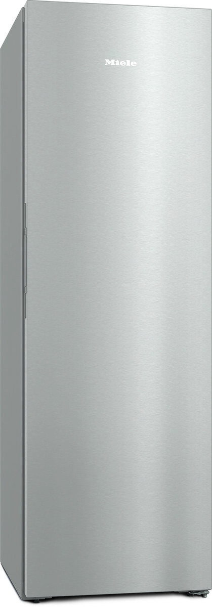 Tall stainless steel Miele refrigerator/freezer with a single door and brushed finish, shown in perspective.