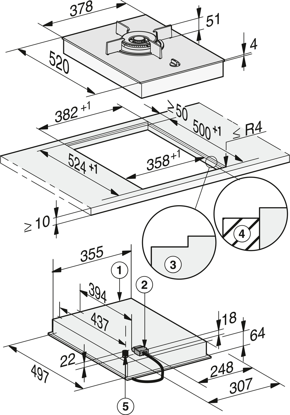 Exploded assembly diagram for a built‑in gas hob with mounting frame, showing dimensions and five detail callouts (1–5).