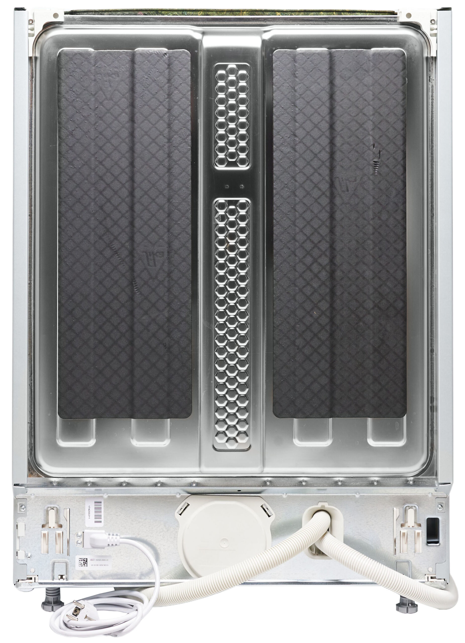 Interior of a front-loading laundry appliance with metal drum and central vent panel; hoses and power cord visible at the bottom.