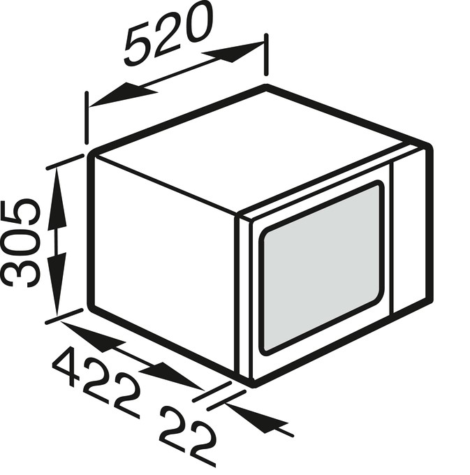 Isometric illustration of a microwave oven with a front glass door and dimension labels: width 520 mm, depth 422 mm, height 305 mm.