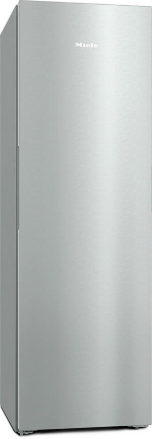 Tall stainless-steel Miele refrigerator with a brushed finish in a kitchen setting. Avoids clutter, conveys brand and purpose.