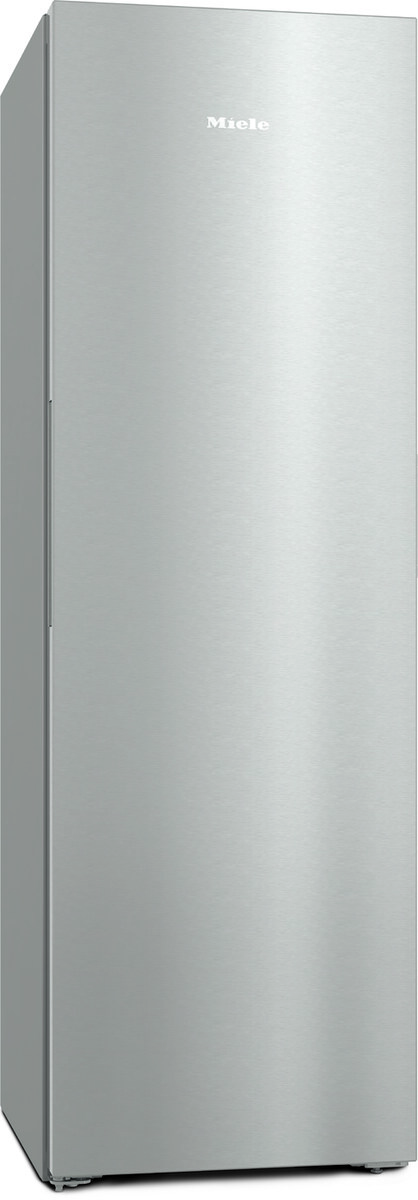 Tall stainless-steel Miele refrigerator with a brushed finish in a kitchen setting. Avoids clutter, conveys brand and purpose.