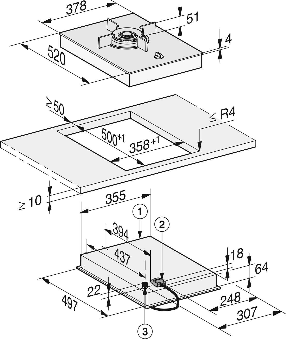 Exploded installation drawing of a built-in gas cooktop with counter cutout and base cabinet, showing dimensions and mounting notes.