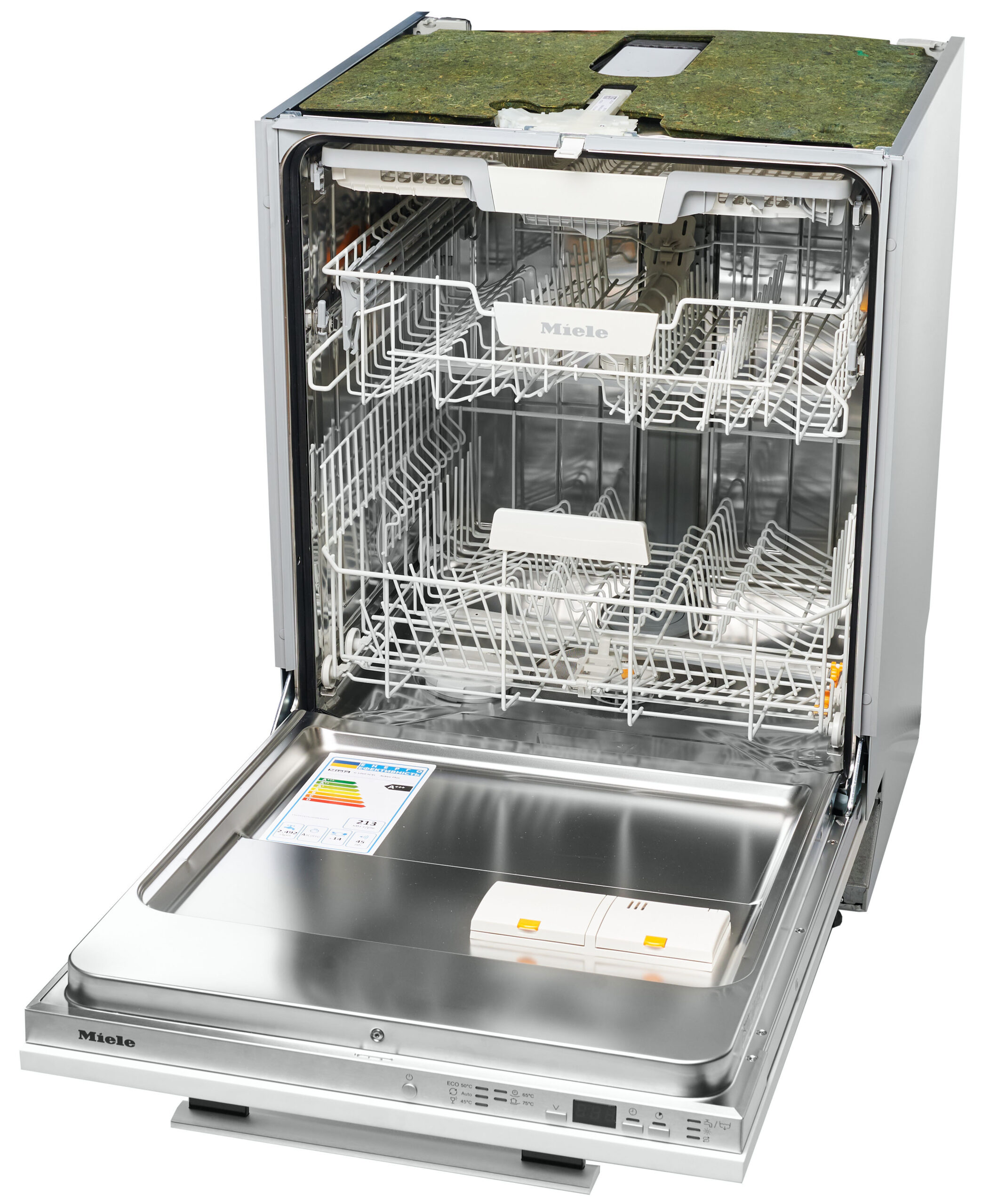 Open Miele dishwasher with racks visible and interior interior empty, door open to show clean stainless interior.