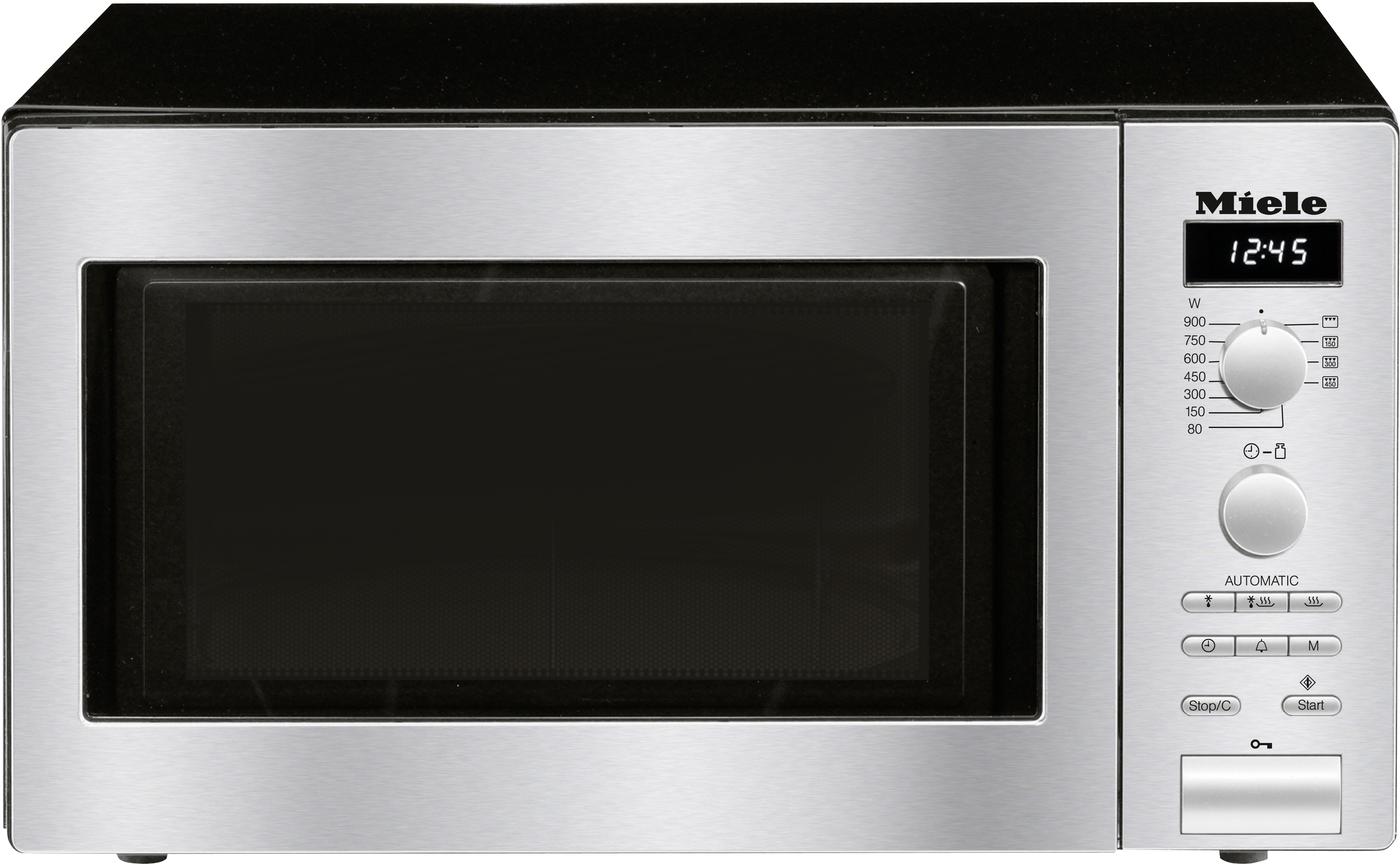 Stainless steel microwave with black door and right-side control panel showing 12:45.