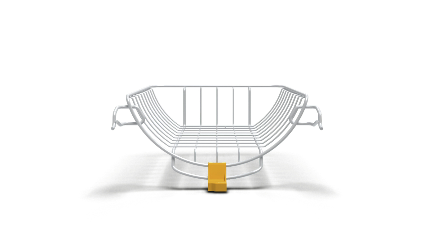 Front view of a metal wire shopping basket with an orange padlock at the base