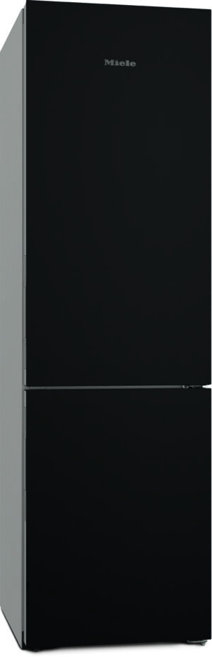 Tall black Miele refrigerator with a bottom freezer, shown with a silver side panel on the left edge.