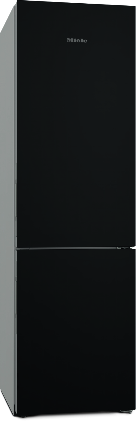 Tall black Miele refrigerator with a bottom freezer, shown with a silver side panel on the left edge.