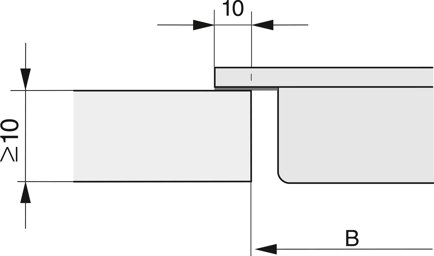 Engineering drawing of a stepped cross-section: a large horizontal block with a vertical notch and a rounded inner corner, with 10 mm dimension lines indicating offsets and a dimension labeled B along the bottom edge