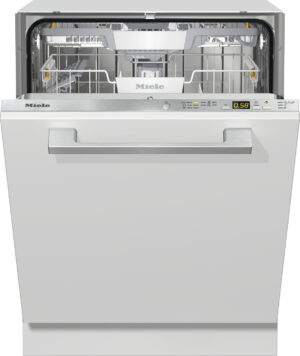 Front-loading Miele dishwasher with the door open, showing metal interior racks.