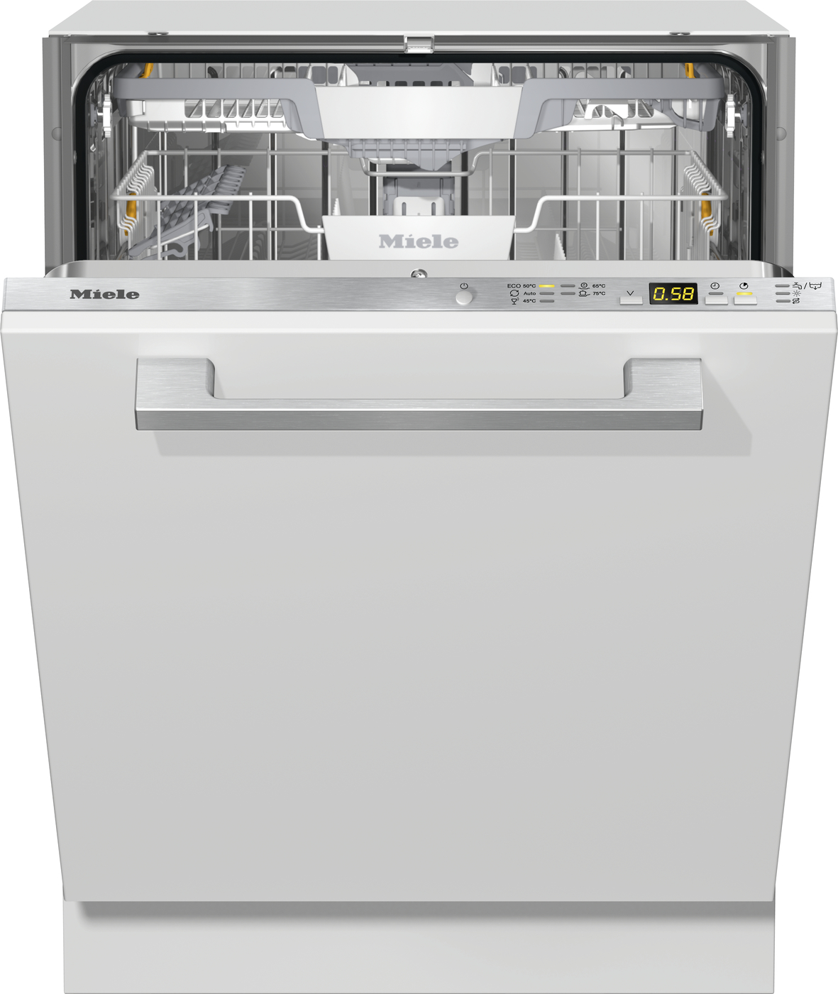 Front-loading Miele dishwasher with the door open, showing metal interior racks.