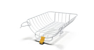 White wire shopping basket with an orange front latch/clip