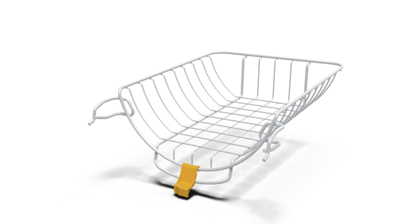 White wire shopping basket with an orange front latch/clip