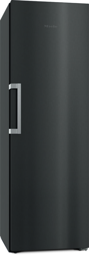 Tall, matte black Miele refrigerator with a vertical stainless steel handle on the left side.