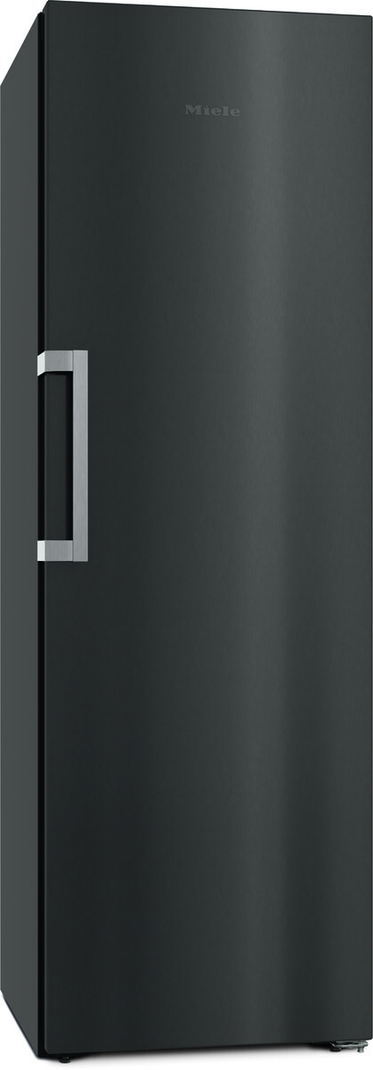 Tall, matte black Miele refrigerator with a vertical stainless steel handle on the left side.