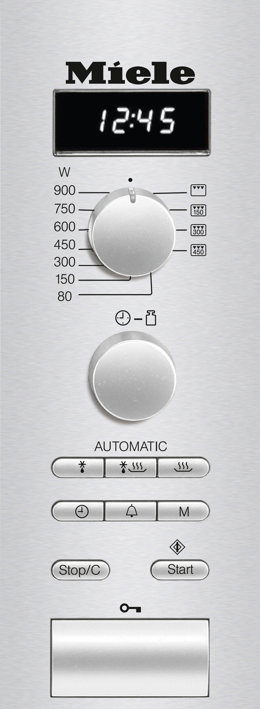 Miele oven control panel with a digital clock showing 12:45, two silver knobs, and a row of labeled function buttons beneath.