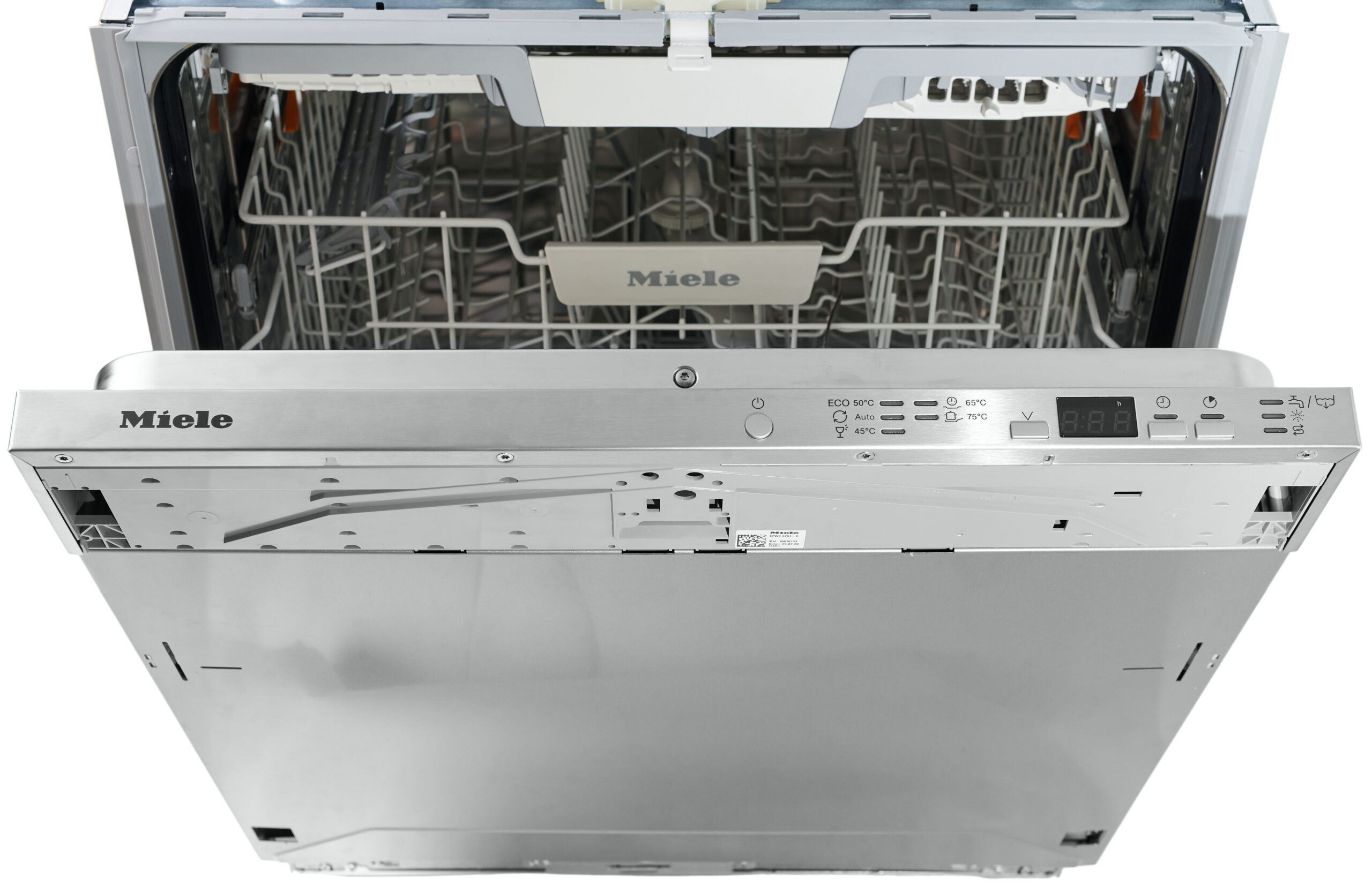 Open Miele dishwasher showing empty stainless steel interior and two racks from a top-down perspective with door swung down