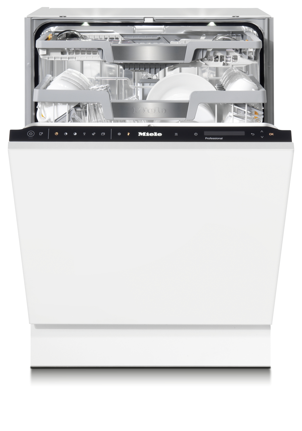 Open Miele dishwasher with racks visible, showing clean interior and loading area ready for dishes